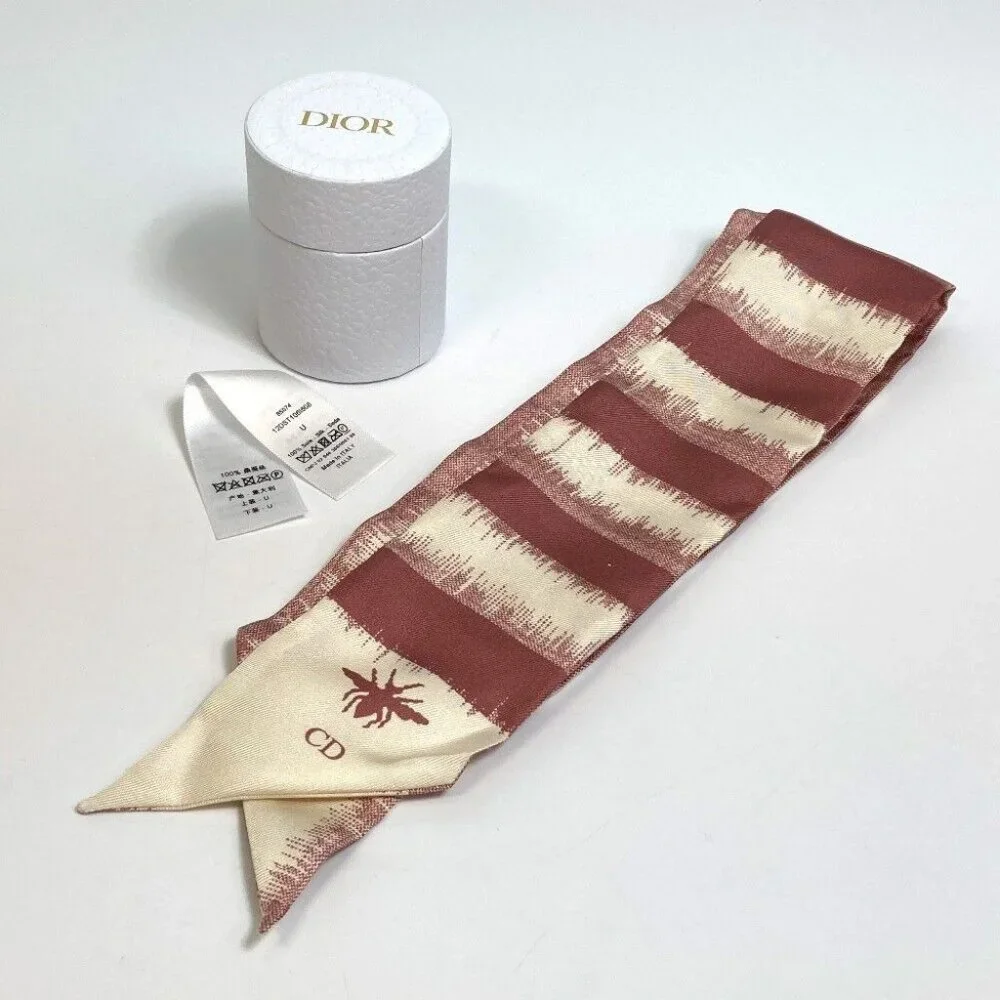 UNUSED DIOR Logo Mitsua Twilly Scarf silk Beige x Dusty Pink